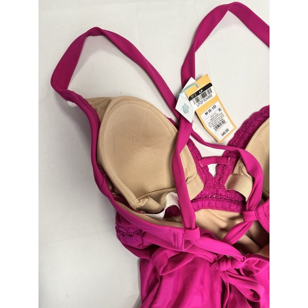 Women's Crochet Shell Detail Lace Up One Piece Swimsuit Kona Sol Pink Med 8-10💕 - Picture 4 of 5
